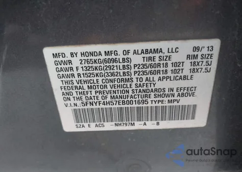 2014 Honda Pilot Ex-L z USA, uszkodzony, nr VIN 5FNYF4H57EB001695
